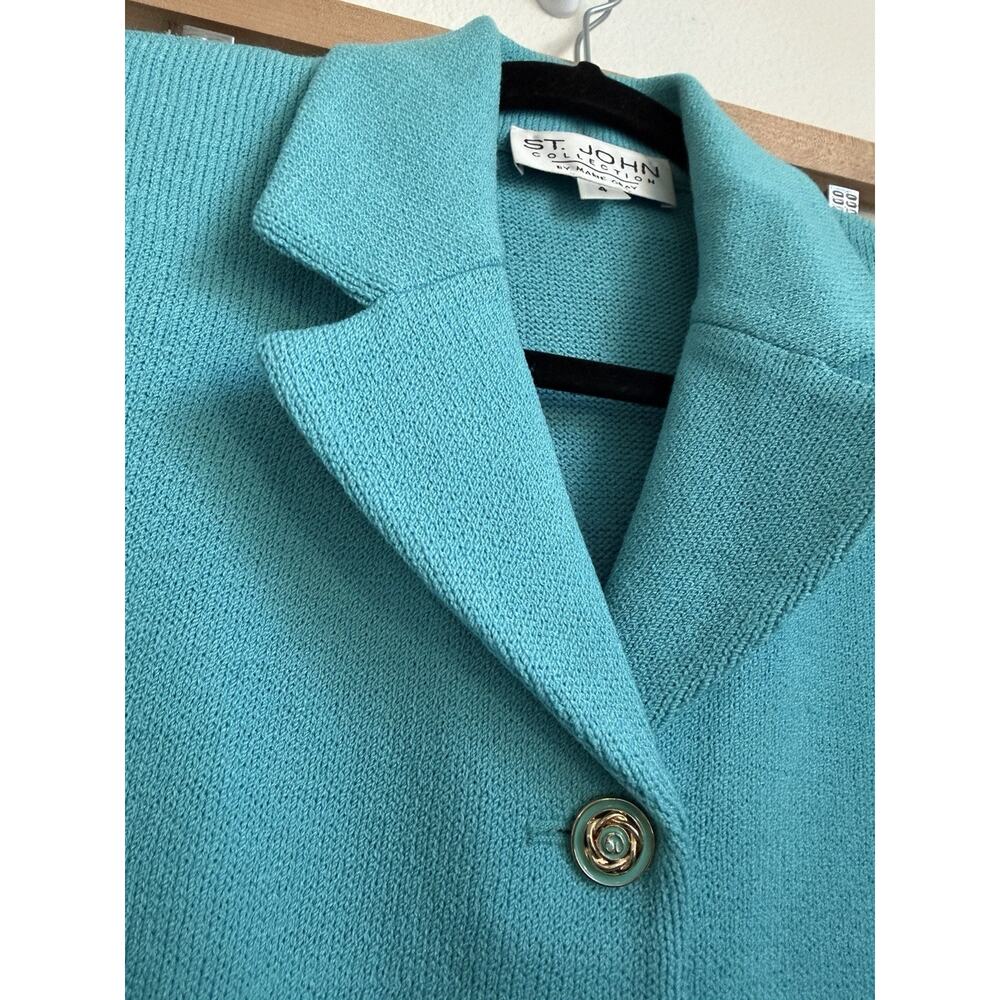 St. John Size 4 Knit 2pc Pant Suit Set Turquoise blue Jacket and Trousers - Picture 2 of 16
